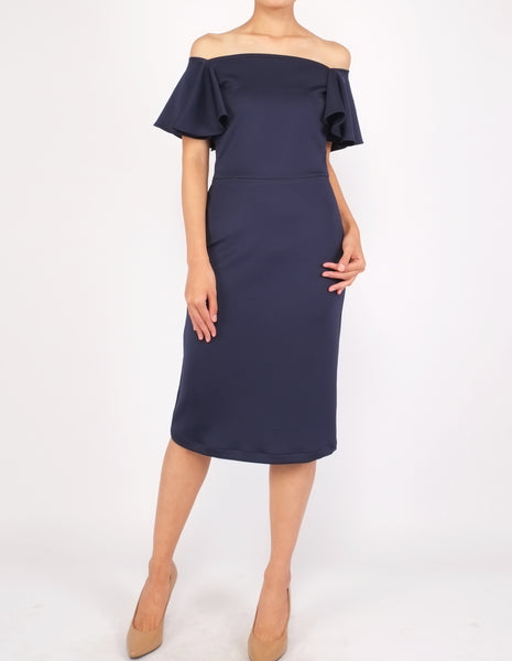 Eris Flounce Sleeves Midi Dress (Navy)