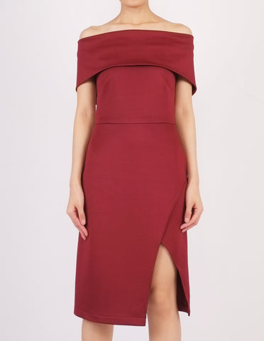 Elvira Off-Shoulder Split Dress (Maroon)