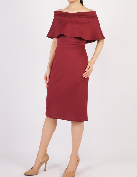 Ember Flounce Off-Shoulder Dress (Maroon)