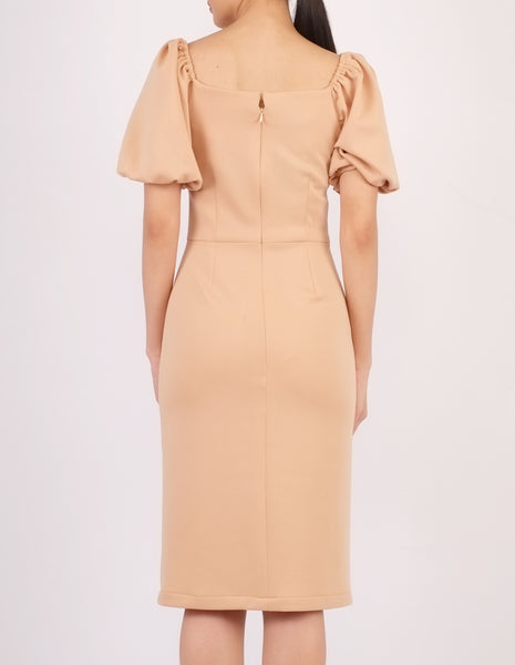 Ena Puff Sleeves Midi Dress (Beige)