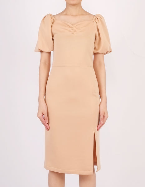 Ena Puff Sleeves Midi Dress (Beige)