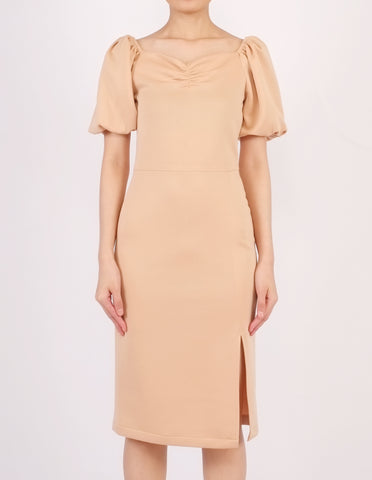 Ena Puff Sleeves Midi Dress (Beige)