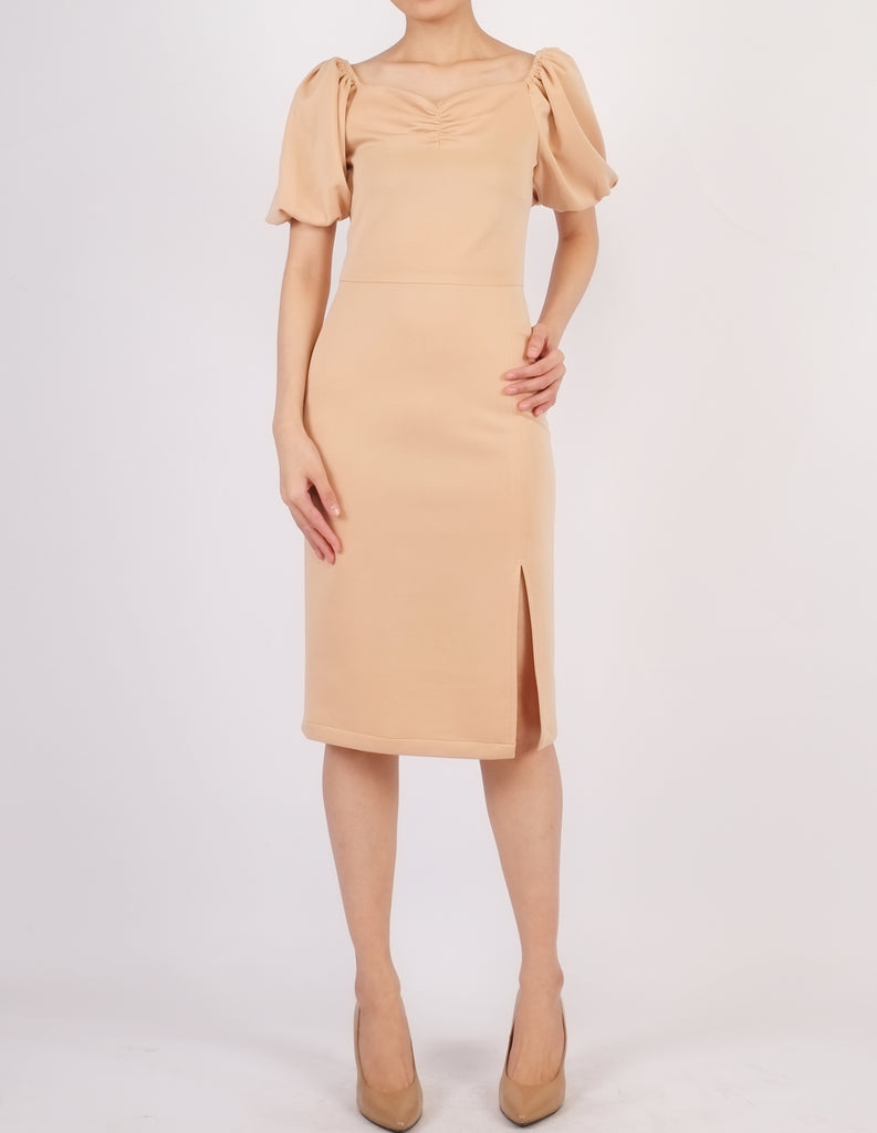 Ena Puff Sleeves Midi Dress (Beige) Deseo | Women's Clothing & Accessories Ena Puff Sleeves Midi Dress (Beige) Deseo | Women's Clothing & Accessories