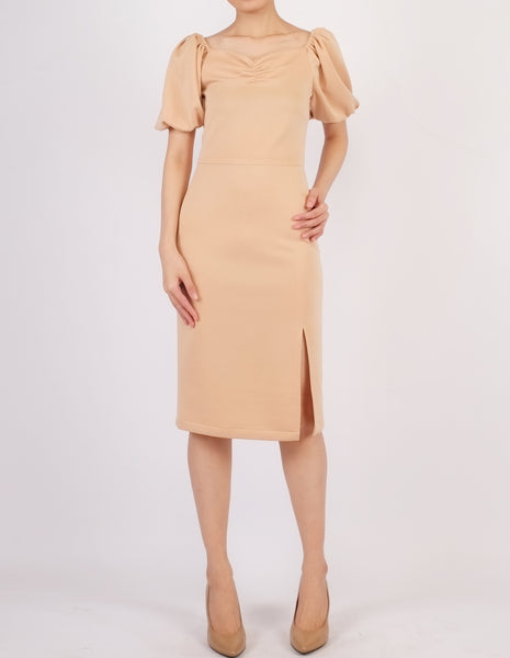 Ena Puff Sleeves Midi Dress (Beige)