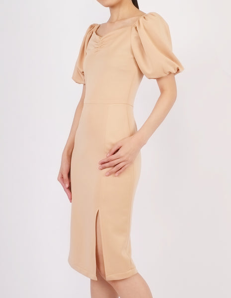 Ena Puff Sleeves Midi Dress (Beige)