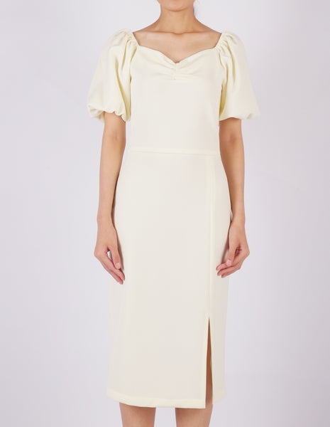 Ena Puff Sleeves Midi Dress (Cream)