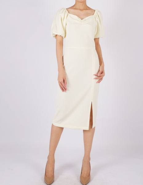 Ena Puff Sleeves Midi Dress (Cream)