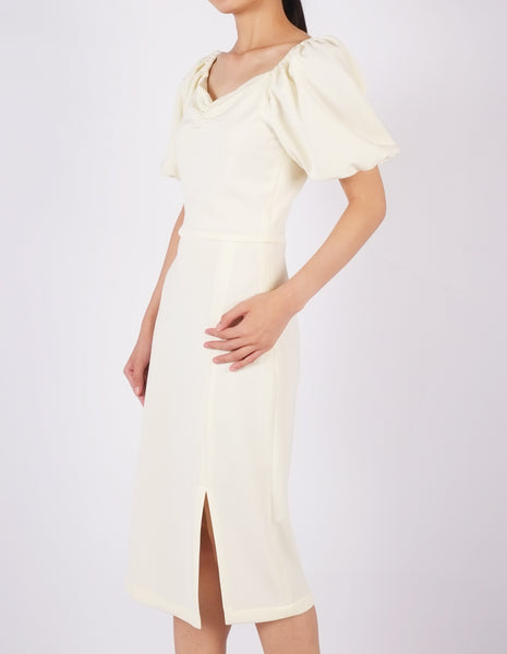 Ena Puff Sleeves Midi Dress (Cream)