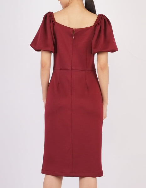 Ena Puff Sleeves Midi Dress (Maroon)