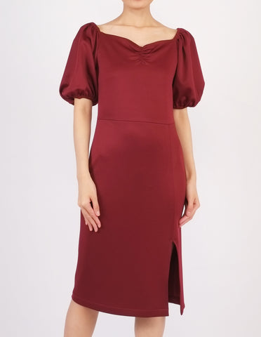 Ena Puff Sleeves Midi Dress (Maroon)