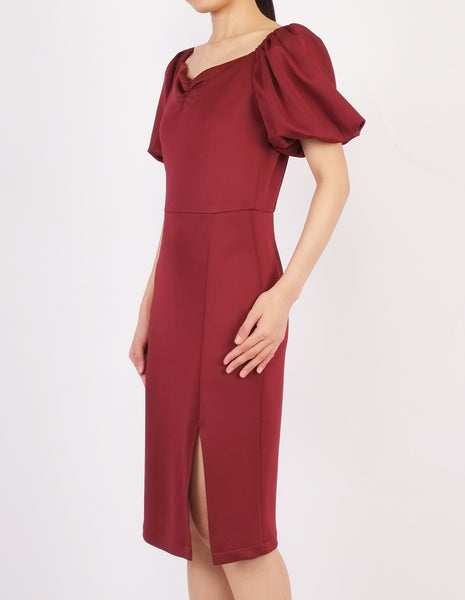 Ena Puff Sleeves Midi Dress (Maroon)