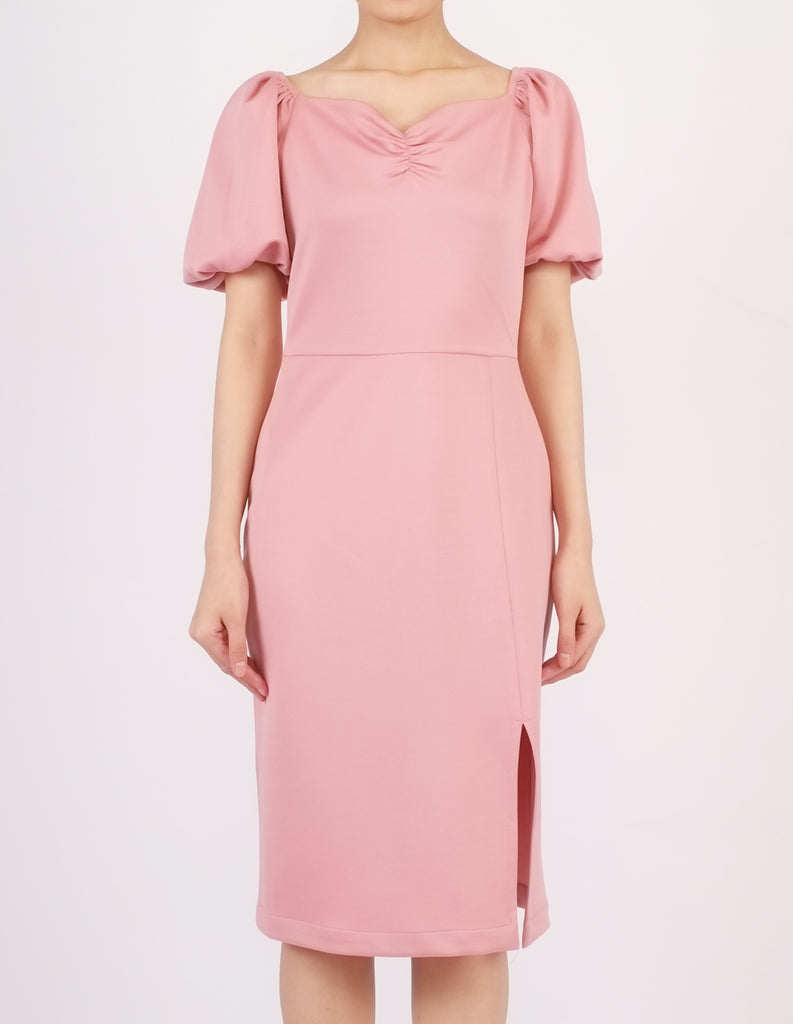 Ena Puff Sleeves Midi Dress (Pink)