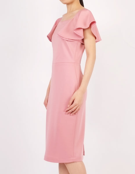 Eris Flounce Sleeves Midi Dress (Pink)