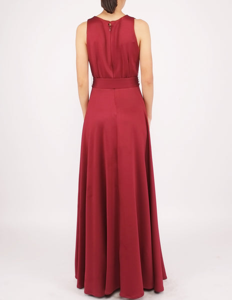 Heloise Long Dress with Sash (Maroon)