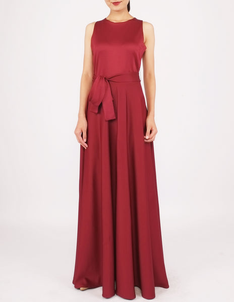 Heloise Long Dress with Sash (Maroon)