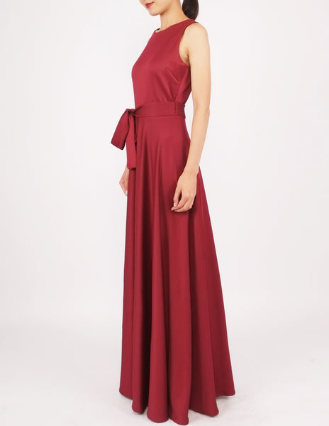Heloise Long Dress with Sash (Maroon)
