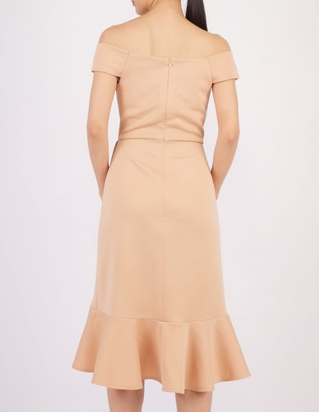 Henny Off-Shoulder Wrap Skirt Dress (Beige)