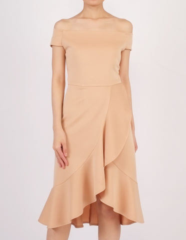 Henny Off-Shoulder Wrap Skirt Dress (Beige)