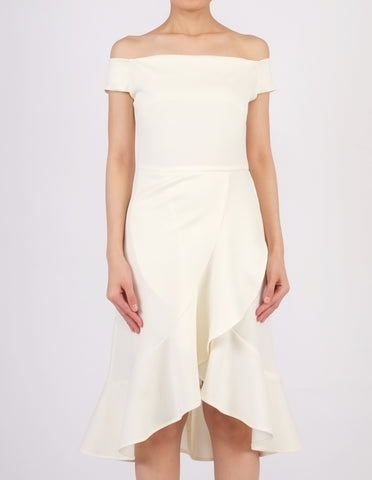 Henny Off-Shoulder Wrap Skirt Dress (Cream)