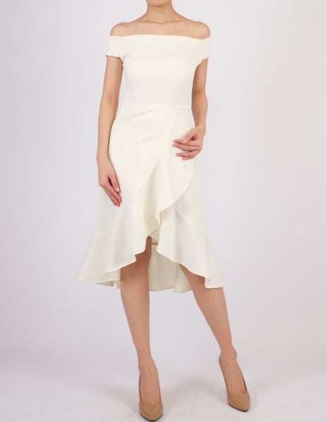 Henny Off-Shoulder Wrap Skirt Dress (Cream)