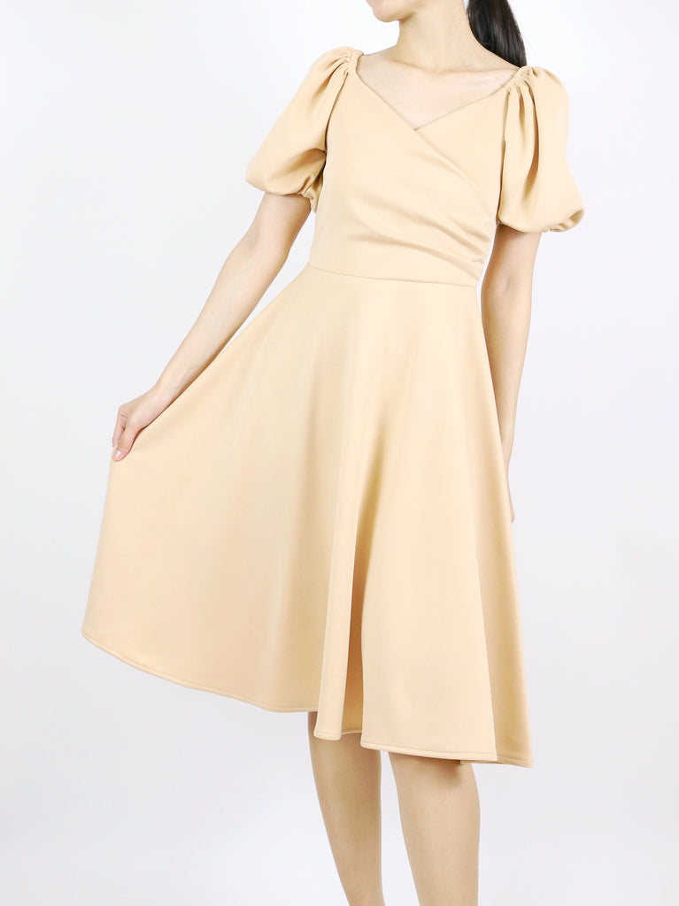 Inna Puff Sleeves Wrap Dress (Beige) Deseo | Women's Clothing & Accessories Inna Puff Sleeves Wrap Dress (Beige) Deseo | Women's Clothing & Accessories