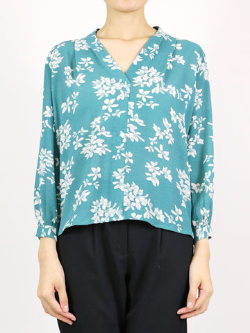 Fauna Long Sleeves V-Neck Blouse (Green Floral)